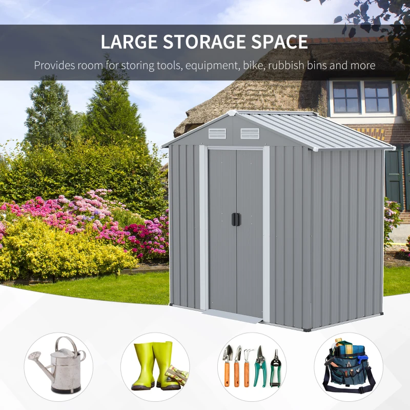 Outsunny 6.4' x 3.6' x 6' Garden Storage Shed Outdoor Patio Yard Metal Tool Storage House w Double Doors Gray