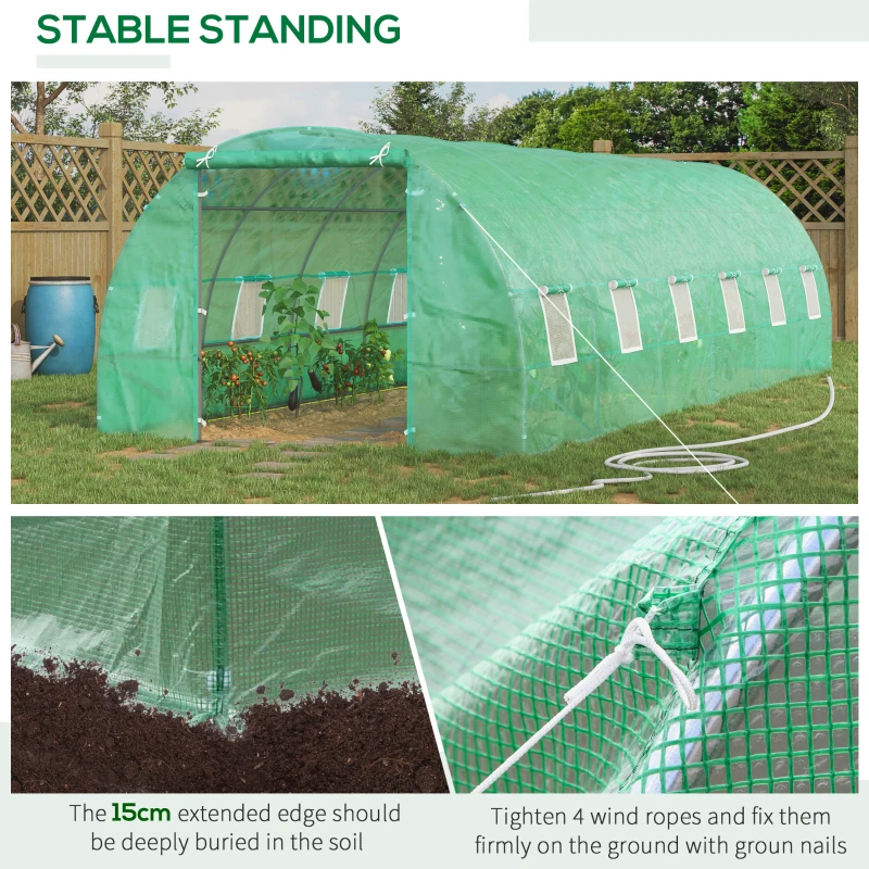 Outsunny 26' x 10' x 6.6' Walk-in Tunnel Hoop Greenhouse, PE Cover, Steel Frame, Roll-Up Zipper Door & 12 Mesh Windows for Flowers, Vegetables, Tropical Plants, Light Green