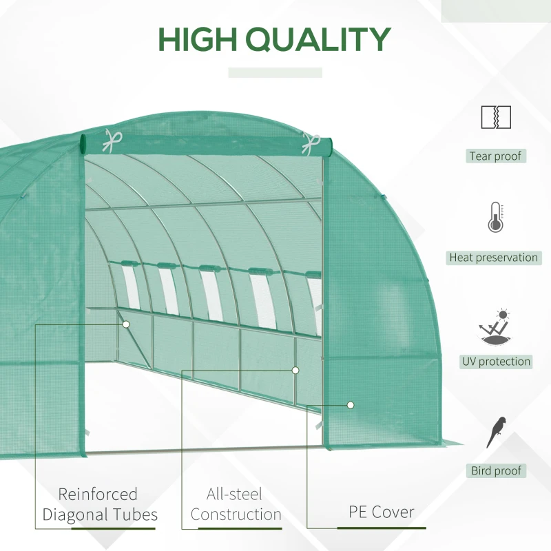 Outsunny 26' x 10' x 6.6' Walk-in Tunnel Hoop Greenhouse, PE Cover, Steel Frame, Roll-Up Zipper Door & 12 Mesh Windows for Flowers, Vegetables, Tropical Plants, Light Green