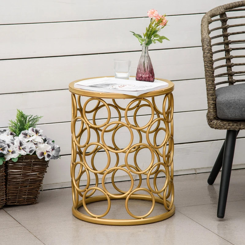 Outsunny Steel Patio End Table, Round Side Table with Hollow Carved Design, Accent Table for Outdoor and Indoor Use, Gold