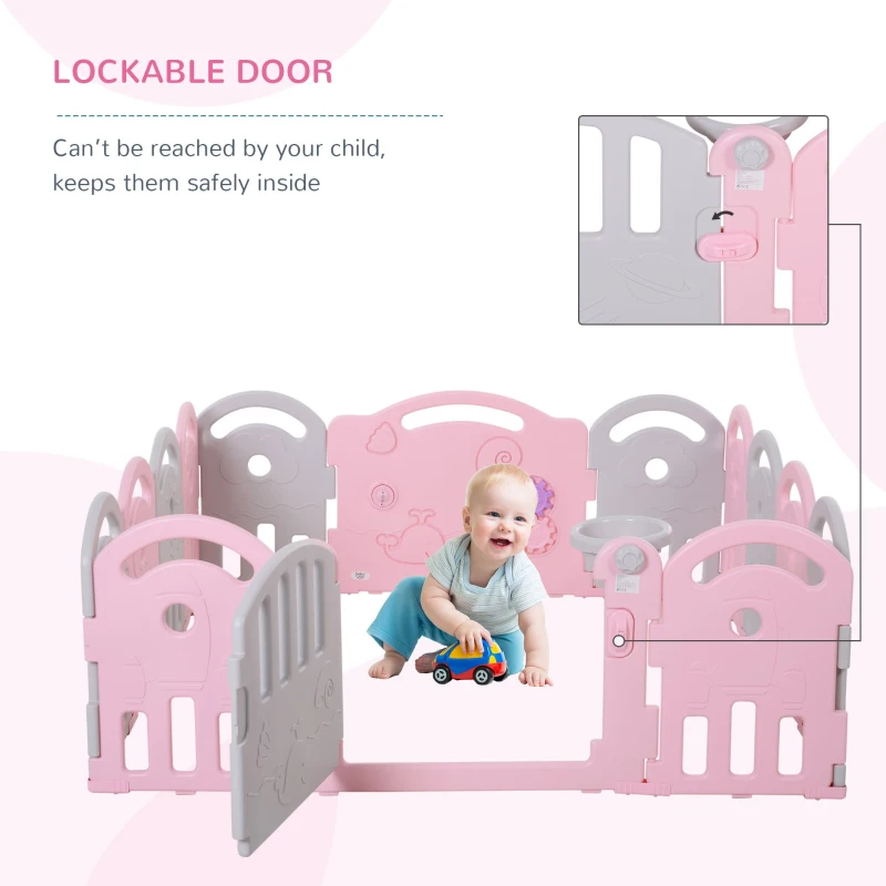 Qaba Baby Enclosure, 14 Panels Baby Playpen Baby Play Yard, Indoor & Outdoor Kids Activity Center, Pink