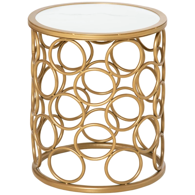 Outsunny Steel Patio End Table, Round Side Table with Hollow Carved Design, Accent Table for Outdoor and Indoor Use, Gold