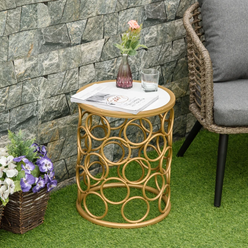 Outsunny Steel Patio End Table, Round Side Table with Hollow Carved Design, Accent Table for Outdoor and Indoor Use, Gold