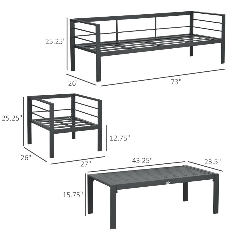 Outsunny Patio Furniture Set 4 Pieces, Outdoor Conversation Set with Water-Resistant Cushions, Coffee Table, 3-Seater Sofa, 2 Chairs for Backyard Porch, Poolside, Balcony, Gray