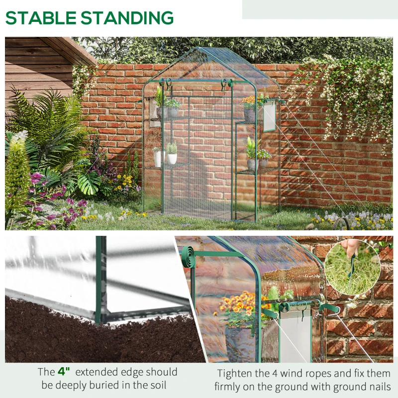 Outsunny Portable Walk-in Mini Greenhouse, 3 Tier 6 Shelf Small Garden House with Mesh Door, Windows, Trellis, Plant Labels for Outdoor Gardening