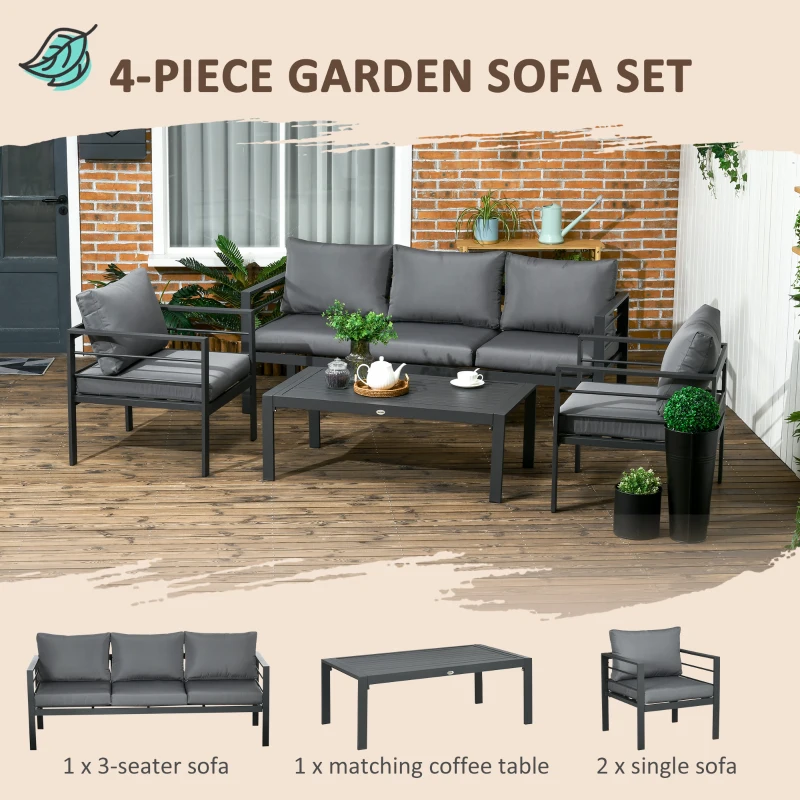 Outsunny Patio Furniture Set 4 Pieces, Outdoor Conversation Set with Water-Resistant Cushions, Coffee Table, 3-Seater Sofa, 2 Chairs for Backyard Porch, Poolside, Balcony, Gray