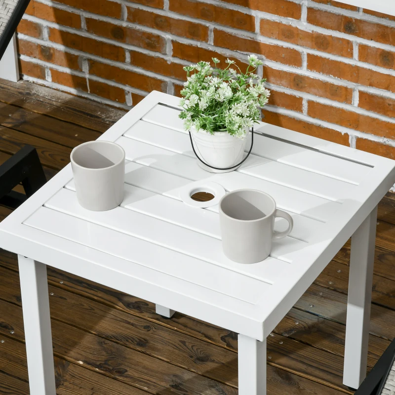 Outsunny Outdoor Side Table, Patio End Table with Umbrella Hole, Small Coffee Table with Steel Frame for Balcony, White