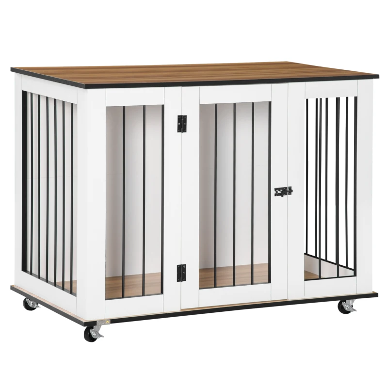 PawHut Dog Crate, Dog Cage End Table with Wheels & Big Tabletop, Indoor Dog Crate Furniture with Lockable Door, White