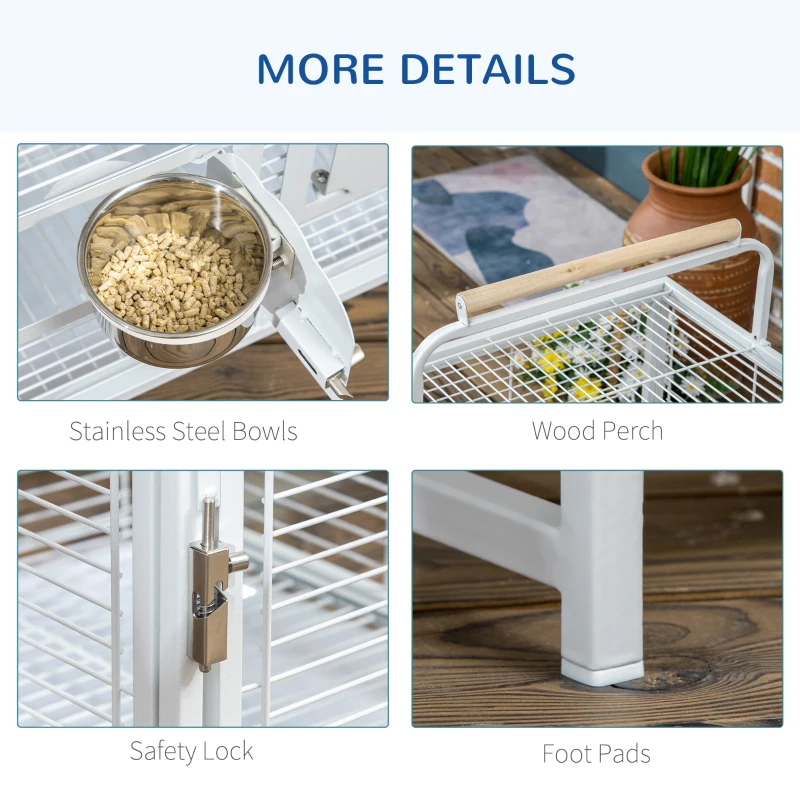 PawHut Bird Travel Carrier Cage for Parrots Conures African Grey Cockatiel Parakeets with Stand Perch, Stainless Steel Bowls, Pull Out Tray, White