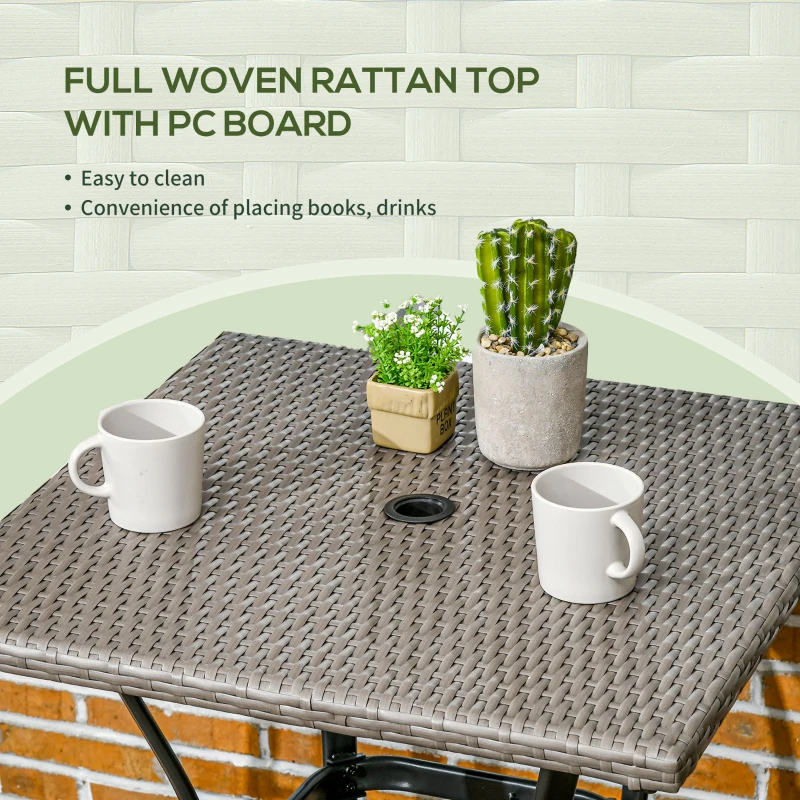 Outsunny Patio Wicker Dining Table with Umbrella Hole, 34 Inch Outdoor PE Rattan Coffee Table with Plastic Board Under the Woven Table Top for Patio, Garden, Balcony, Light Grey