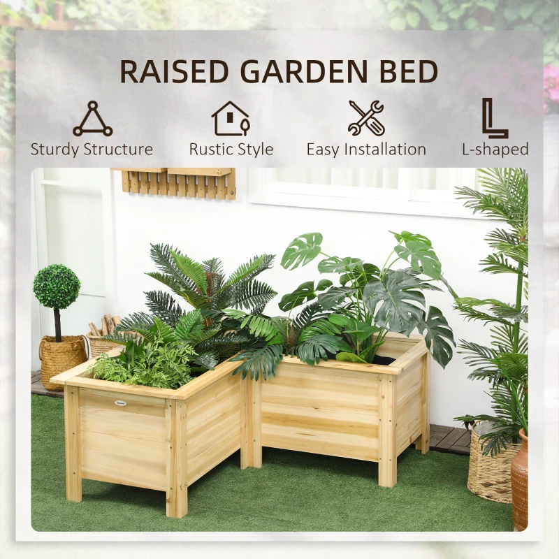 Outsunny Raised Garden Bed, 47.2" x 47.2" x 19.7" Wooden Elevated Planter Box Outdoor with Legs, for Vegetables, Flowers, Herbs, L-shaped, Natural