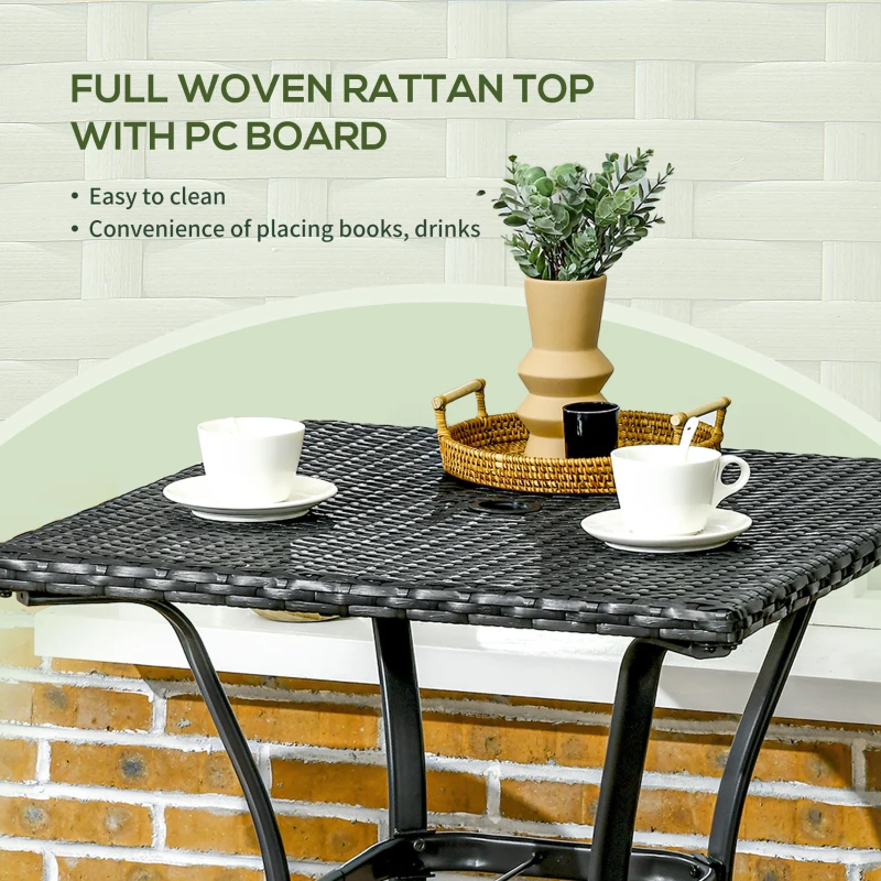 Outsunny Patio Wicker Dining Table with Umbrella Hole, 34 Inch Outdoor PE Rattan Coffee Table with Plastic Board Under the Woven Table Top for Patio, Garden, Balcony, Black