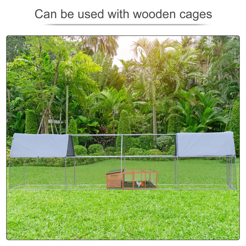 PawHut 9.2' x 24.9' Metal Chicken Coop, Galvanized Walk-in Hen House, Poultry Cage Outdoor Backyard with Waterproof UV-Protection Cover for Rabbits, Ducks