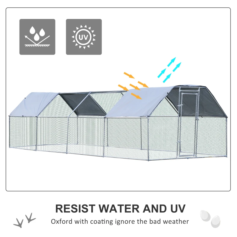 PawHut 9.2' x 24.9' Metal Chicken Coop, Galvanized Walk-in Hen House, Poultry Cage Outdoor Backyard with Waterproof UV-Protection Cover for Rabbits, Ducks