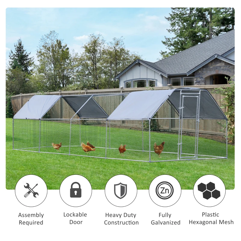 PawHut 9.2' x 24.9' Metal Chicken Coop, Galvanized Walk-in Hen House, Poultry Cage Outdoor Backyard with Waterproof UV-Protection Cover for Rabbits, Ducks