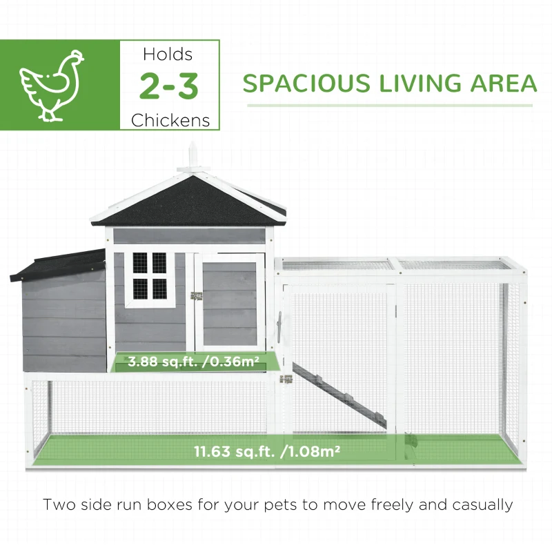 PawHut 73 in Chicken Coop with Run, Wooden Hen House with Nesting Box, Removable Tray, Asphalt Roof, Ramp, Outdoor Poultry Cage, Gray