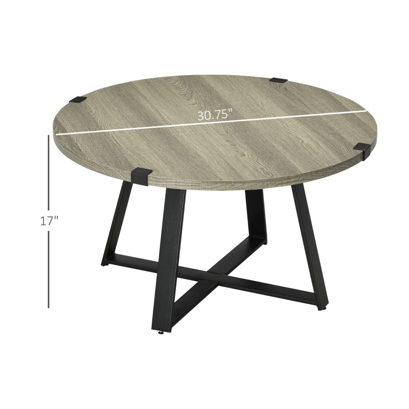 HOMCOM Round Coffee Table, Retro Cocktail Table with Steel Crossed Legs, Aesthetic Living Room Table, Easy to Assemble, Light Gray