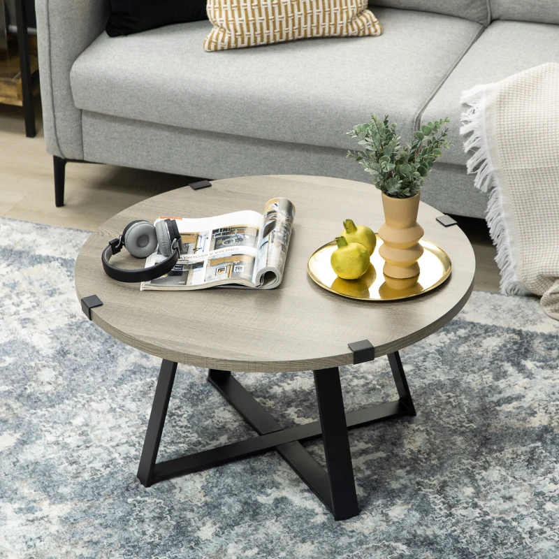 HOMCOM Round Coffee Table, Retro Cocktail Table with Steel Crossed Legs, Aesthetic Living Room Table, Easy to Assemble, Light Gray