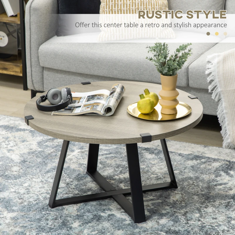 HOMCOM Round Coffee Table, Retro Cocktail Table with Steel Crossed Legs, Aesthetic Living Room Table, Easy to Assemble, Light Gray
