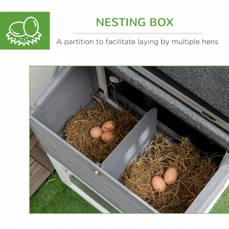 PawHut 73 in Chicken Coop with Run, Wooden Hen House with Nesting Box, Removable Tray, Asphalt Roof, Ramp, Outdoor Poultry Cage, Gray