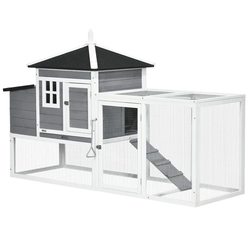 PawHut 73 in Chicken Coop with Run, Wooden Hen House with Nesting Box, Removable Tray, Asphalt Roof, Ramp, Outdoor Poultry Cage, Gray