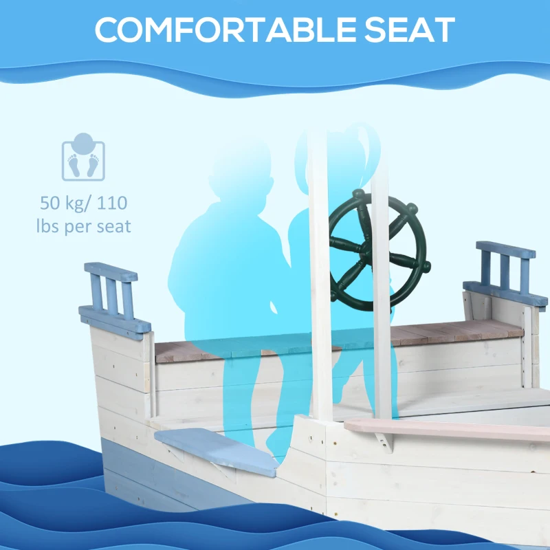 Outsunny Kids Sandbox with Canopy, Pirate Ship Wooden Sand Boxes with Bench for Backyard, Sand Pit for Toddlers, 83" x 43", Blue