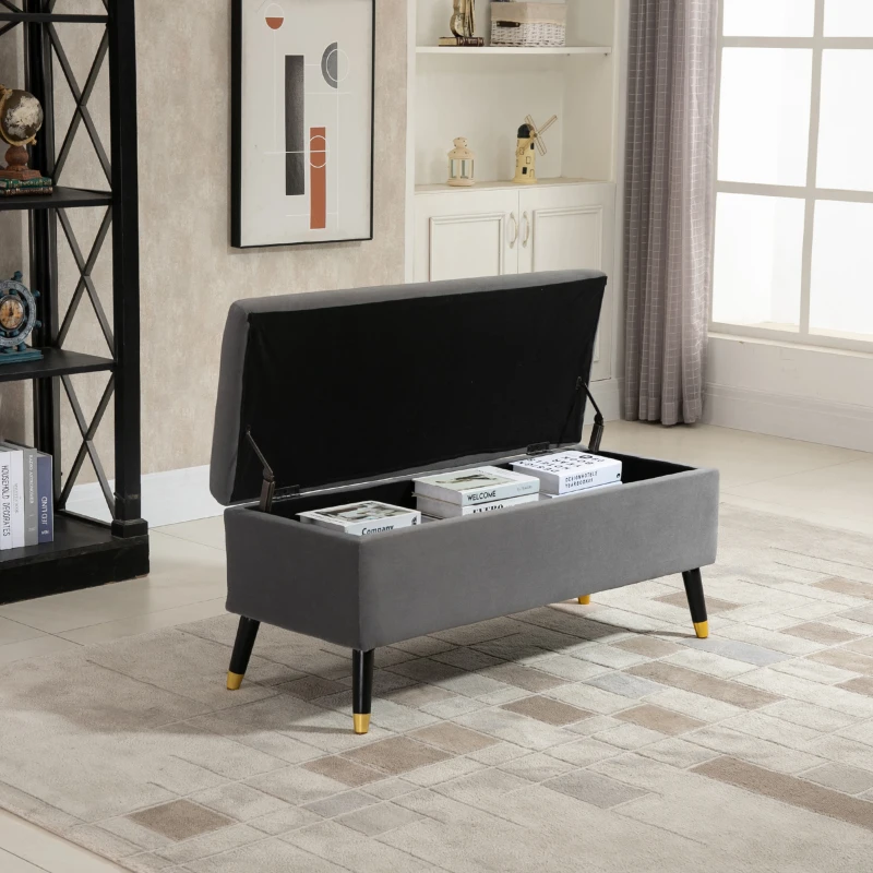 HOMCOM Ottoman Bench with Storage, Velvet Footrest Shoe Bench with Hinged Lid, Lift Top Bed Bench for Entryway Living Room, Charcoal Grey