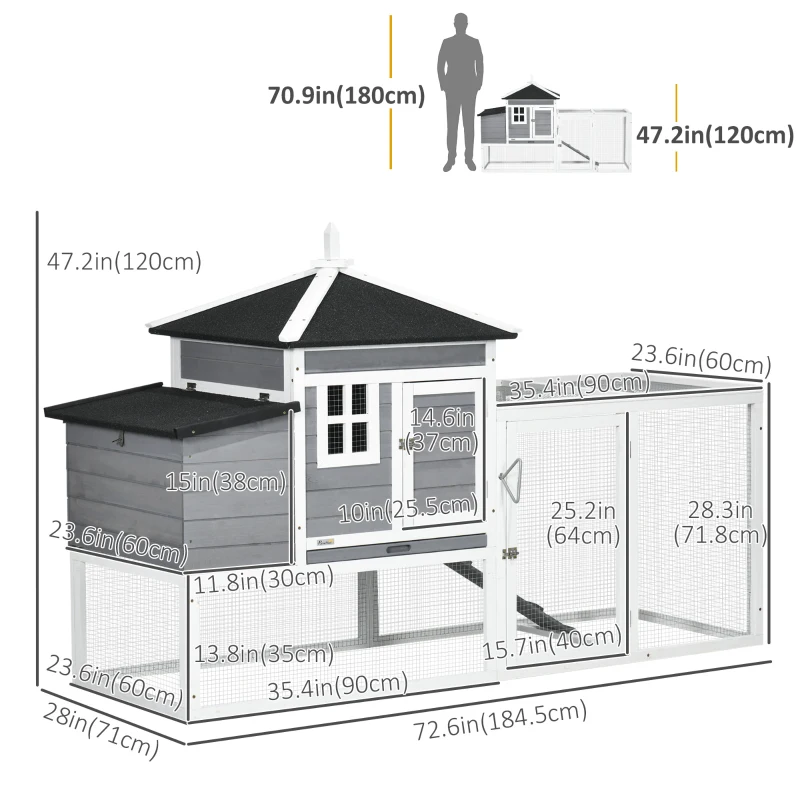 PawHut 73 in Chicken Coop with Run, Wooden Hen House with Nesting Box, Removable Tray, Asphalt Roof, Ramp, Outdoor Poultry Cage, Gray