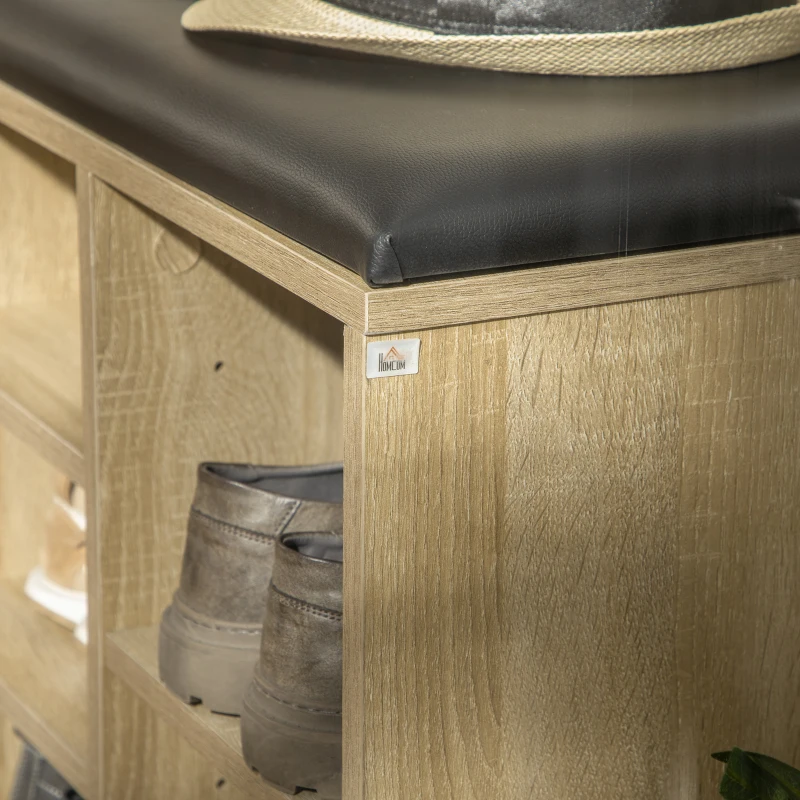 HOMCOM Wooden Shoe Bench with Padded Cushion, Storage Bench with 10 Compartments and Adjustable Shelves, Entryway Organizer for Hallway Living Room