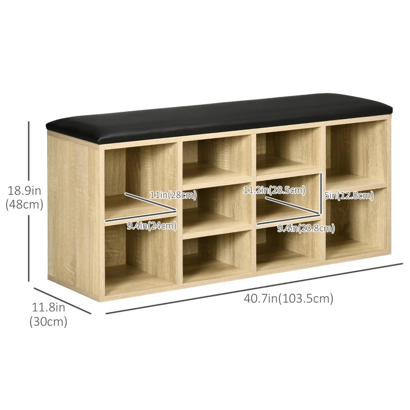 HOMCOM Wooden Shoe Bench with Padded Cushion, Storage Bench with 10 Compartments and Adjustable Shelves, Entryway Organizer for Hallway Living Room