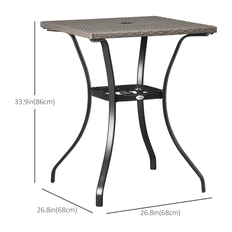 Outsunny Patio Wicker Dining Table with Umbrella Hole, 34 Inch Outdoor PE Rattan Coffee Table with Plastic Board Under the Woven Table Top for Patio, Garden, Balcony, Light Grey