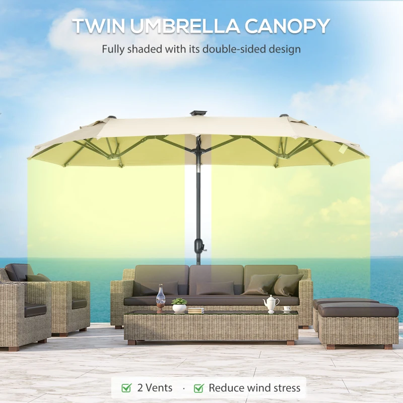 Outsunny 10ft Double-sided Patio Umbrella with Solar Lights and Sandbag Base, Outdoor Umbrella with Push Button Tilt, Crank, Air Vents for Garden, Backyard, Deck, Pool, Market, Cream White
