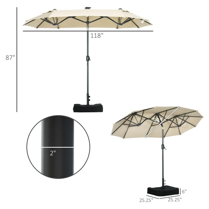 Outsunny 10ft Double-sided Patio Umbrella with Solar Lights and Sandbag Base, Outdoor Umbrella with Push Button Tilt, Crank, Air Vents for Garden, Backyard, Deck, Pool, Market, Cream White