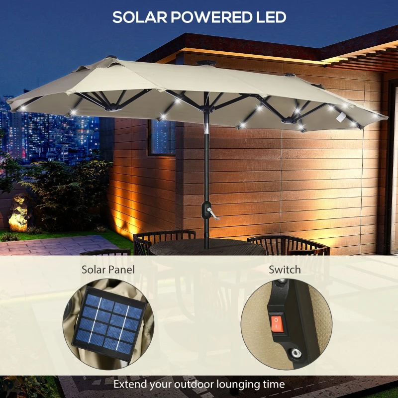 Outsunny 10ft Double-sided Patio Umbrella with Solar Lights and Sandbag Base, Outdoor Umbrella with Push Button Tilt, Crank, Air Vents for Garden, Backyard, Deck, Pool, Market, Cream White