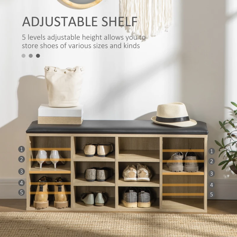 HOMCOM Wooden Shoe Bench with Padded Cushion, Storage Bench with 10 Compartments and Adjustable Shelves, Entryway Organizer for Hallway Living Room