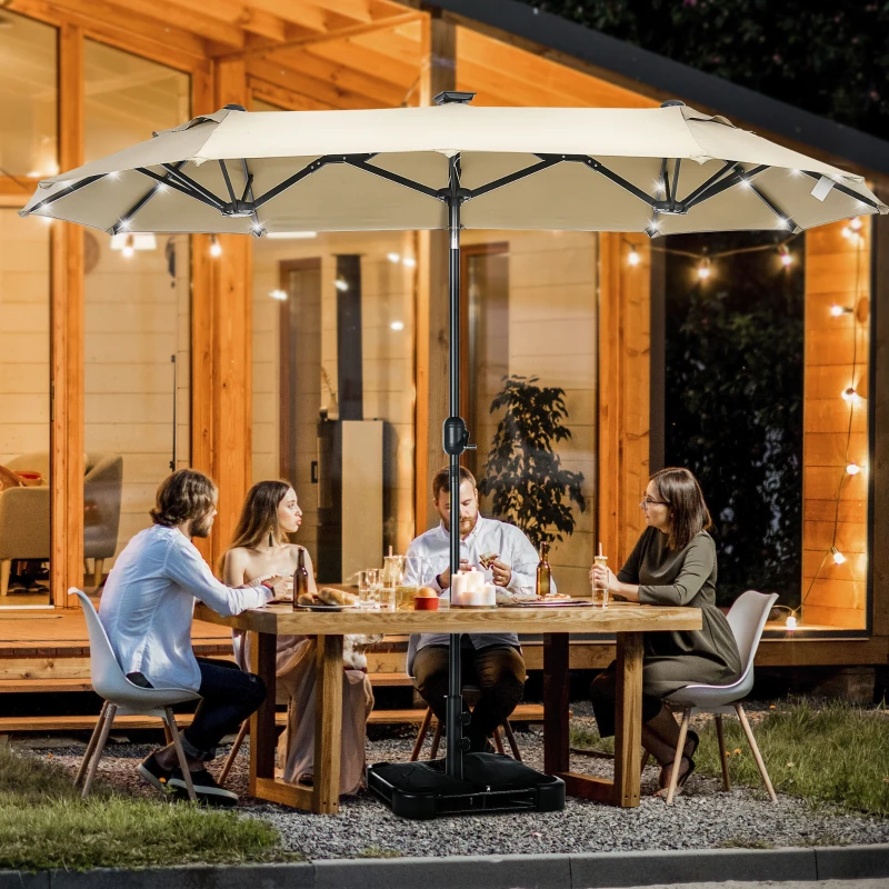 Outsunny 10ft Double-sided Patio Umbrella with Solar Lights and Sandbag Base, Outdoor Umbrella with Push Button Tilt, Crank, Air Vents for Garden, Backyard, Deck, Pool, Market, Cream White