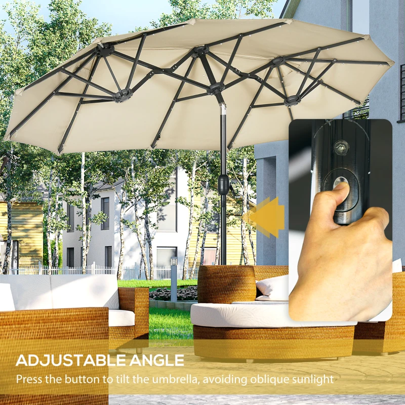 Outsunny 10ft Double-sided Patio Umbrella with Solar Lights and Sandbag Base, Outdoor Umbrella with Push Button Tilt, Crank, Air Vents for Garden, Backyard, Deck, Pool, Market, Cream White