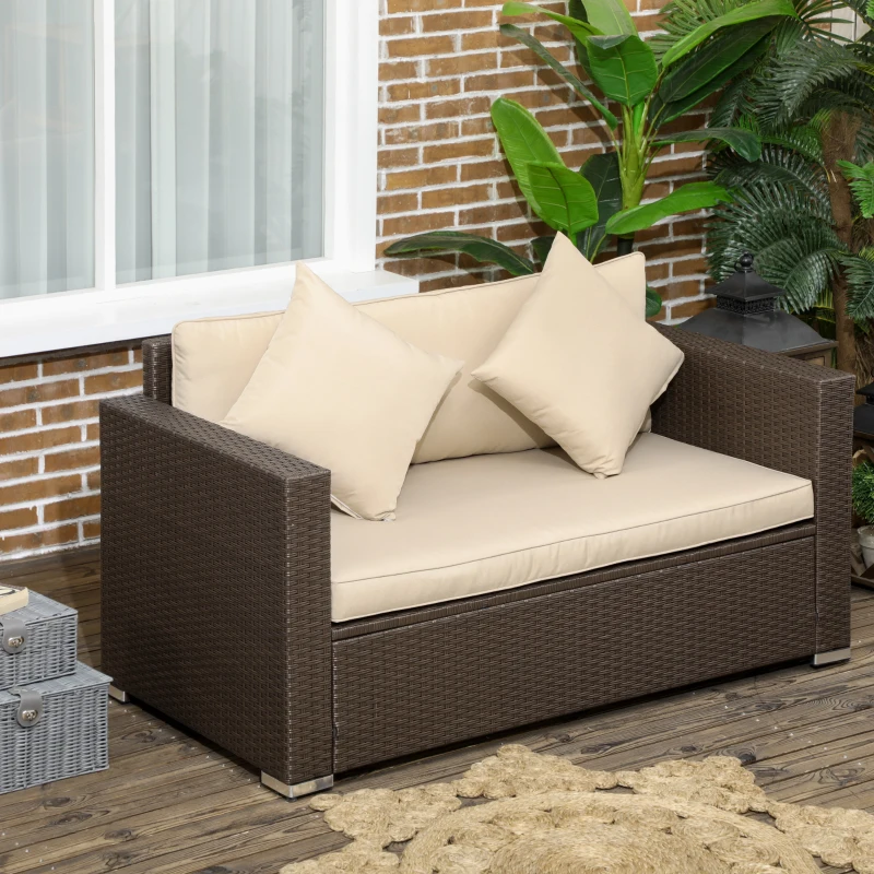 Outsunny Outdoor Wicker Loveseat, Patio Furniture Couch with Cushions, 2 Seats PE Rattan Sofa, 2 Throw Pillows, Beige