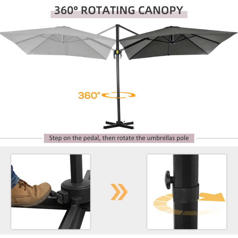 Outsunny 8' x 8' Square Patio Hanging Offset Umbrella with 360° Rotation, Aluminum Outdoor Cantilever Parasol with Crank & Tilt, Sun Canopy Shelter with Cross Base, Grey
