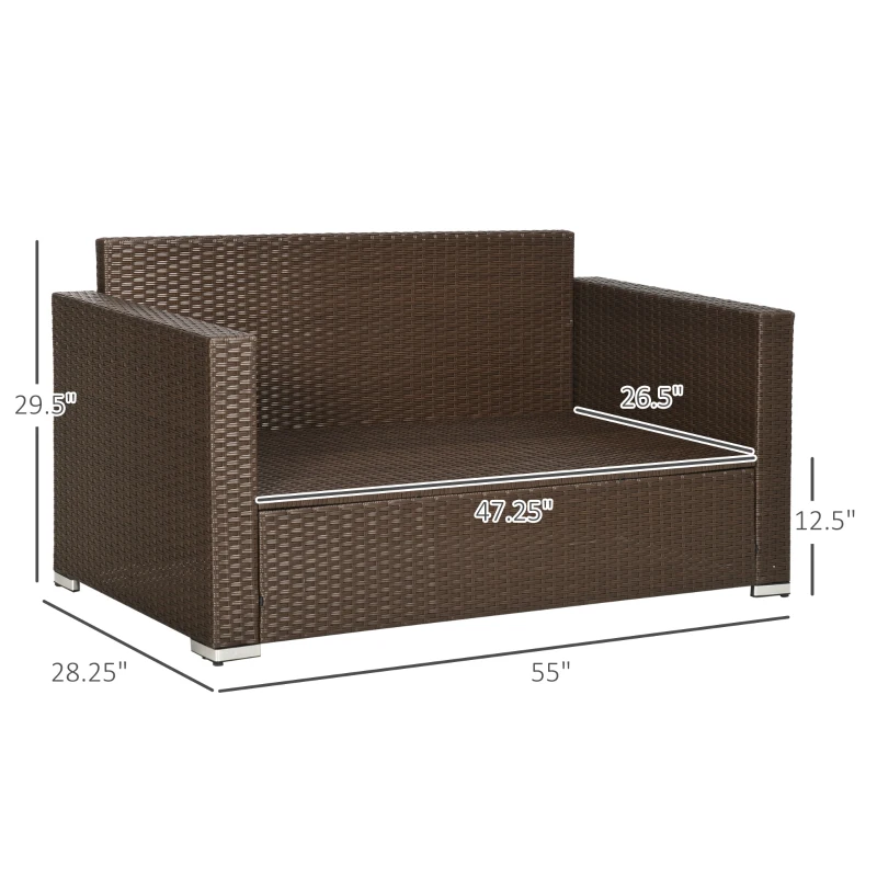 Outsunny Outdoor Wicker Loveseat, Patio Furniture Couch with Cushions, 2 Seats PE Rattan Sofa, 2 Throw Pillows, Beige