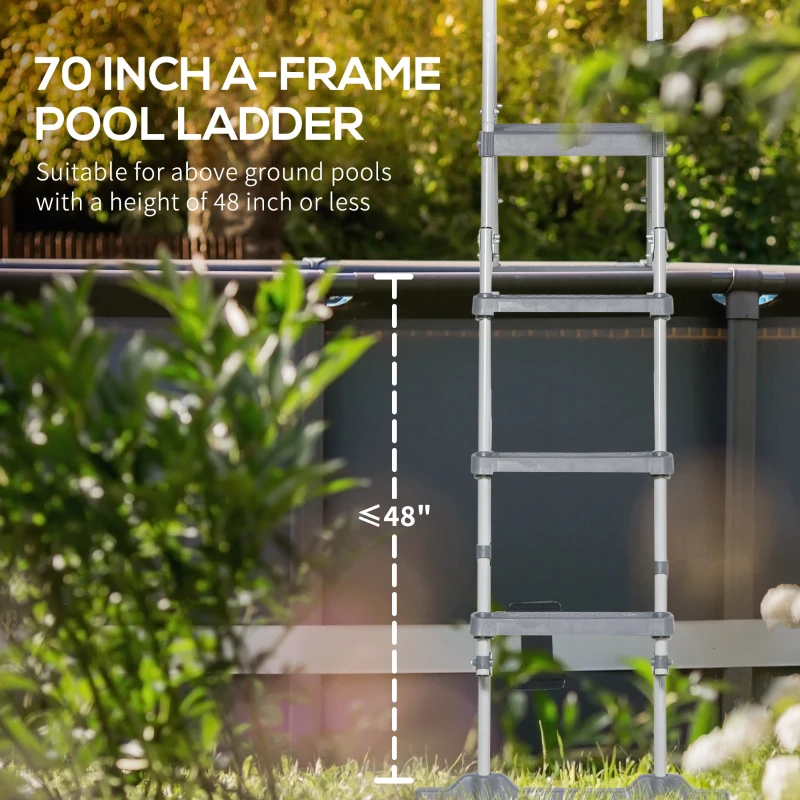 Outsunny 70" Above Ground Swimming Pool Ladder, A-Frame Deck Ladder with Top Platform, Non-slip Steps & Rounded Handrails for 48" Pool Wall Height, Gray