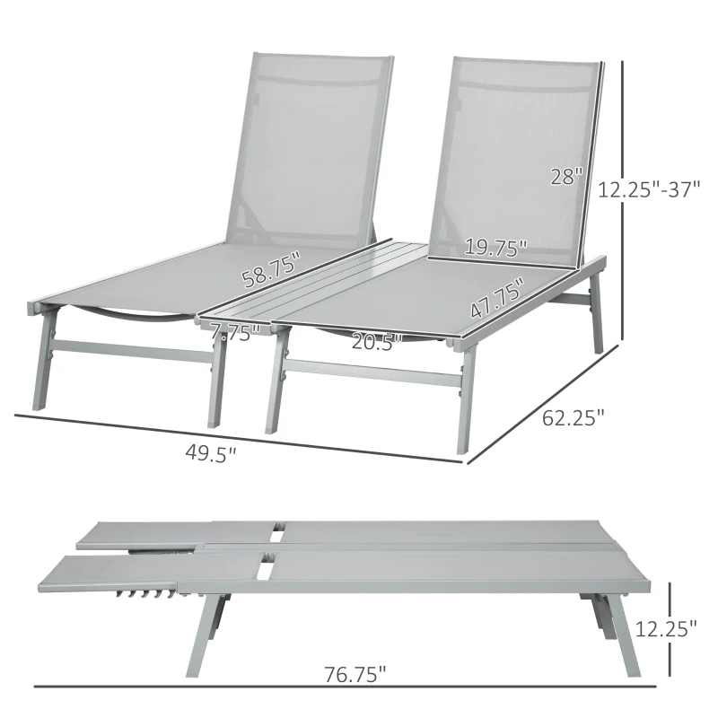 Outsunny Chaise Lounge Pool Chairs Set of 2, Aluminum Outdoor Sun Tanning Chairs with Five-Position Reclining Back, Shelf & Breathable Mesh for Beach, Yard, Patio, Light Gray