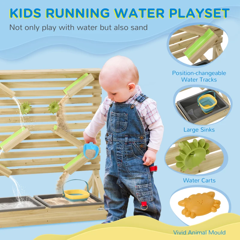 Outsunny 18 Pcs Kids Running Water and Sand Playset Outdoor with Sinks, Wooden Sensory Toys with Colorful Accessories, Gift for Boys and Girls, Aged 3-7 Years Old