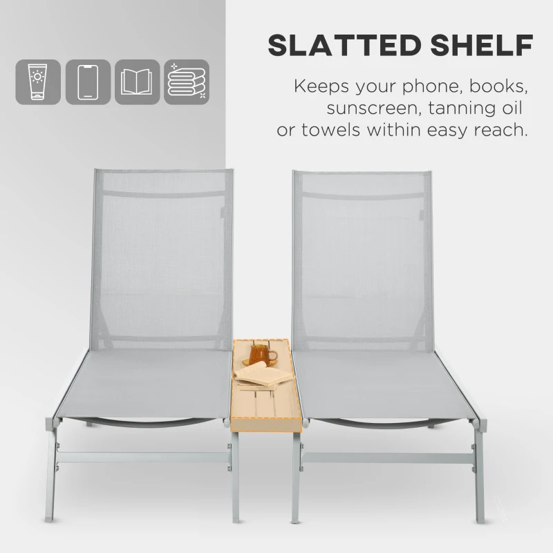 Outsunny Chaise Lounge Pool Chairs Set of 2, Aluminum Outdoor Sun Tanning Chairs with Five-Position Reclining Back, Shelf & Breathable Mesh for Beach, Yard, Patio, Light Gray
