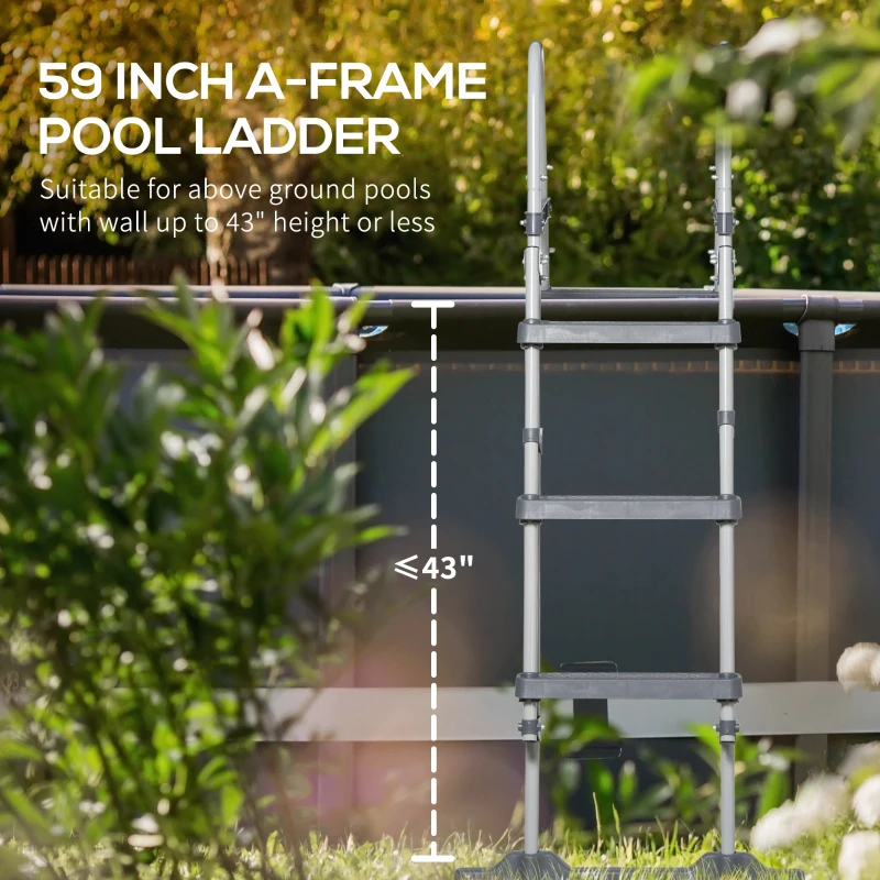 Outsunny 59" Above Ground Swimming Pool Ladder, A-Frame Deck Ladder with Top Platform, Non-slip Steps & Rounded Handrails for 43" Pool Wall Height, Gray