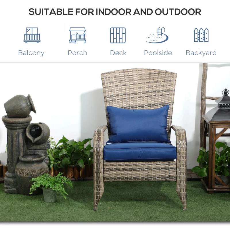 Outsunny Patio Wicker Adirondack Chair, Outdoor All-Weather Rattan Fire Pit Chair w/ Soft Cushions, Tall Curved Backrest and Comfortable Armrests for Deck or Garden, Mixed Tan/Dark Blue