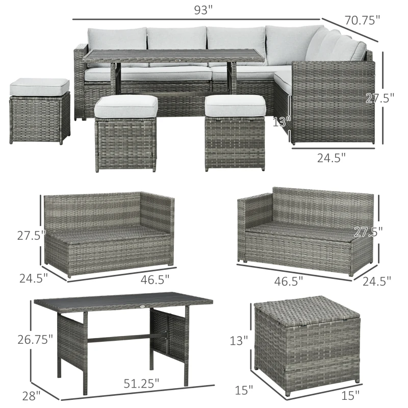 Outsunny Wicker Outdoor Patio Furniture Set, L-Shaped 7 Piece Outdoor Dining Sectional Sofa with Dining Table and Chair, Storage Loveseat, Ottomans and Cushions, Mixed Gray