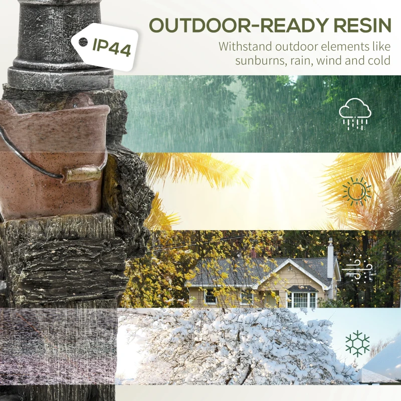 Outsunny Rustic Waterfall Fountain with Old Fashion Pump Barrel Wheel, 3-Tier Cascading Outdoor Fountain with Adjustable Flow, Decorative Water Feature for Zen Garden, Deck, Porch