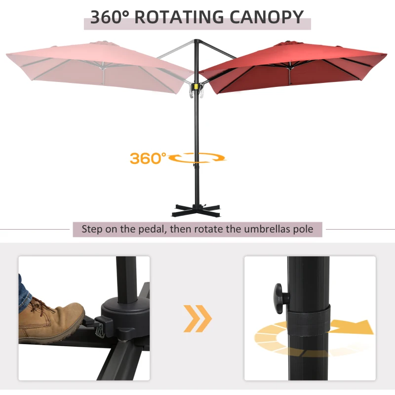 Outsunny 8' x 8' Square Patio Hanging Offset Umbrella with 360° Rotation, Aluminum Outdoor Cantilever Parasol with Crank & Tilt, Sun Canopy Shelter with Cross Base, Wine Red