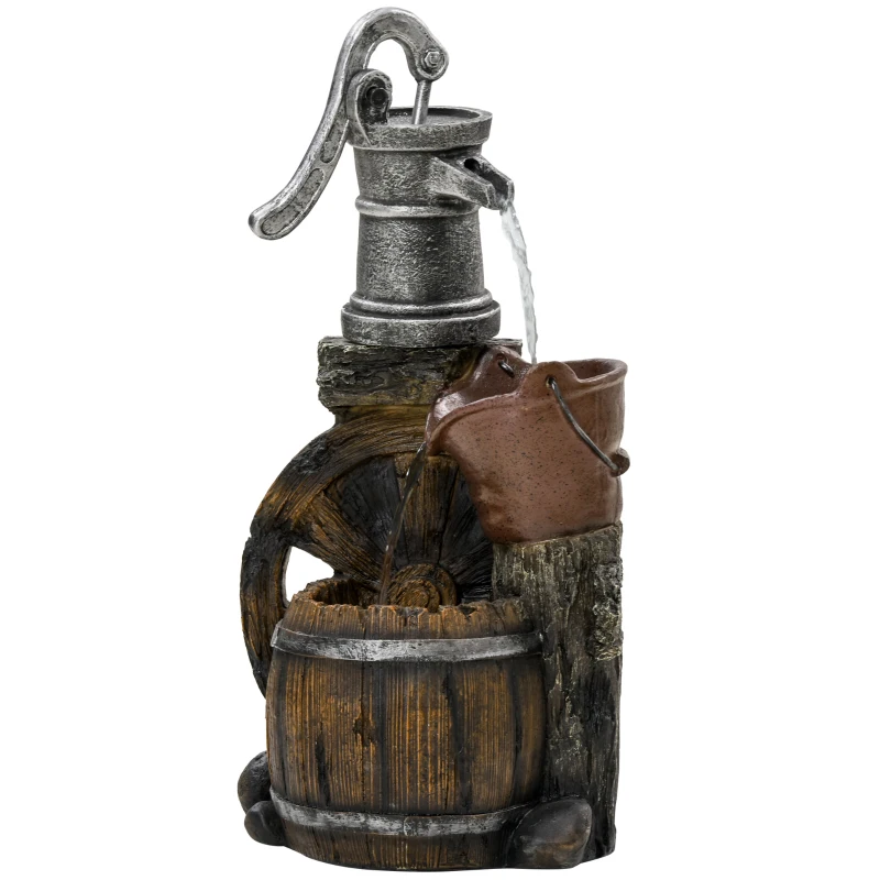 Outsunny Rustic Waterfall Fountain with Old Fashion Pump Barrel Wheel, 3-Tier Cascading Outdoor Fountain with Adjustable Flow, Decorative Water Feature for Zen Garden, Deck, Porch